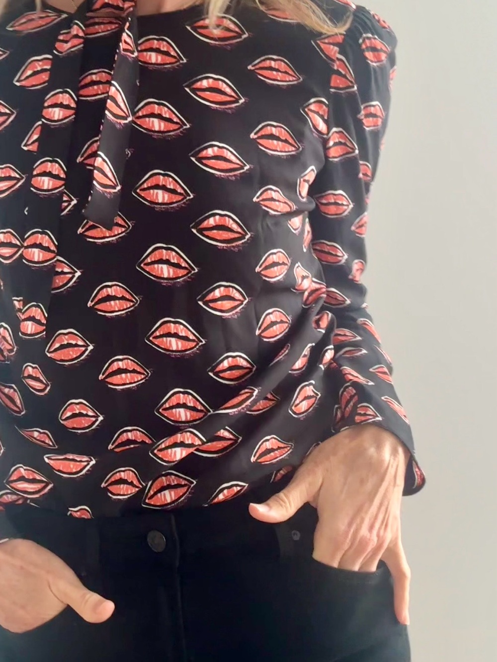 Prada Black Blouse with Rare Red Lip Print, IT40, S